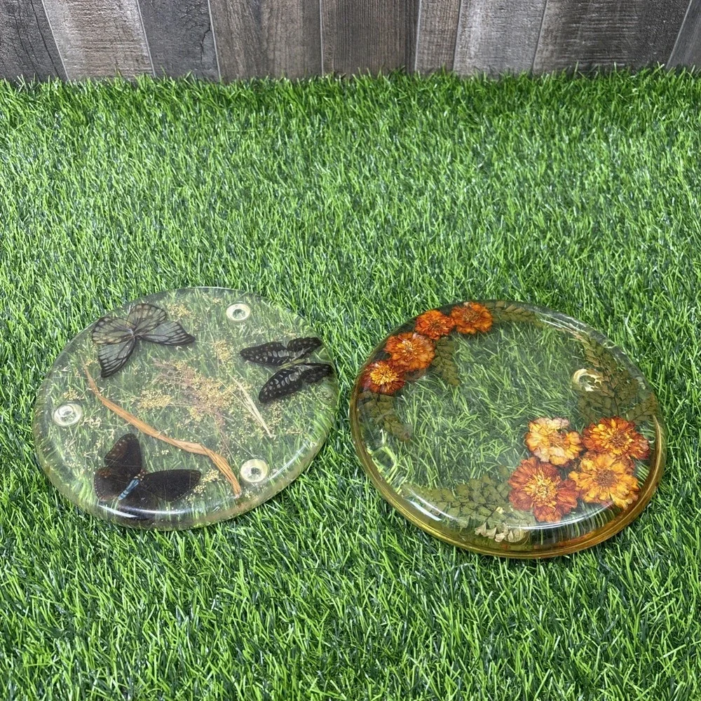 Vintage Lucite Trivets Set of 2 Butterfly Floral Resin Hot Plates